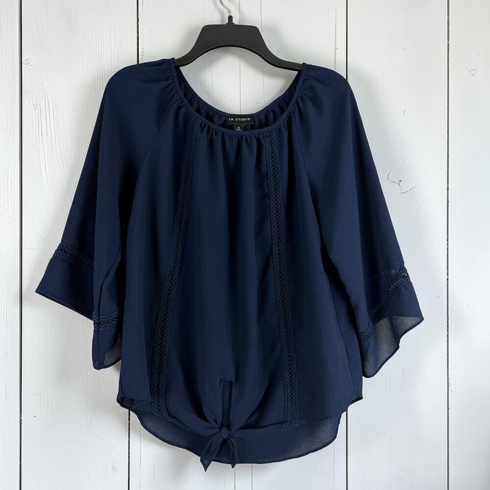 I.N. Studio Navy Blue Tie Front Crochet Trim Peasant Blouse Women's Medium